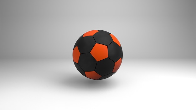 Vista frontal del balón de fútbol negro y naranja de colores modernos con sombra en blanco ilustración 3d