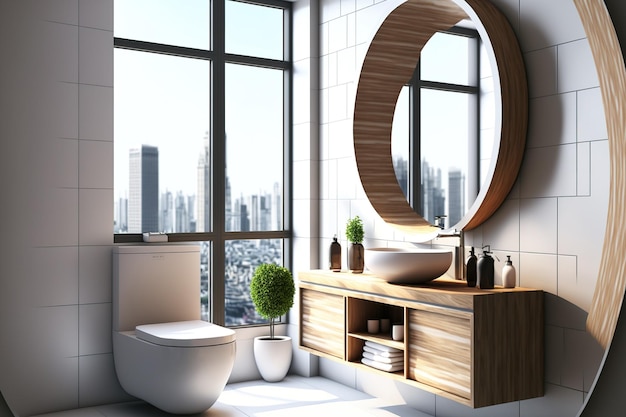 Vista frontal de un baño grande con muebles de madera, un espejo redondo sobre el lavabo, un piso de cerámica y una ventana con vista a la ciudad.