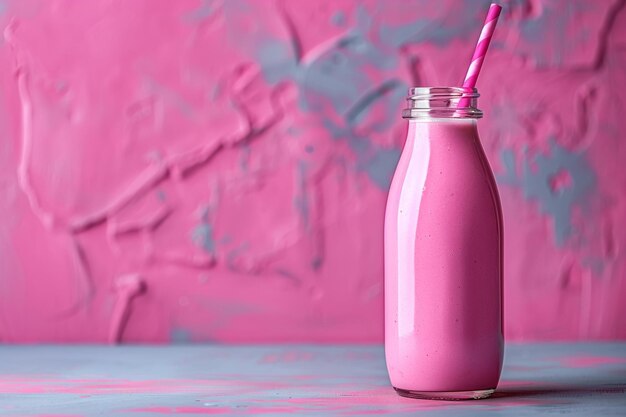 Vista frontal botella de batido rosa con paja