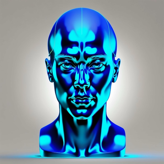 Foto vista frontal de la cabeza humana azul de neón que se mezcla
