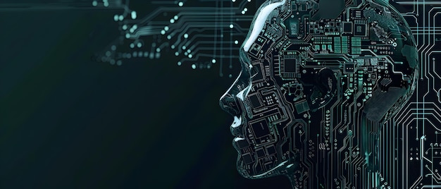 Vista frontal de una cabeza humana normal hecha de un chip de CPU de placa de circuito con cerebro inteligente de IA