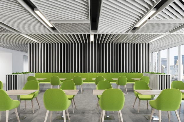 Vista frontal de un café contemporáneo o de un interior de cafetería con paredes de madera, ventanas panorámicas y sillones verdes cerca de mesas cuadradas de madera. maqueta de renderizado 3d