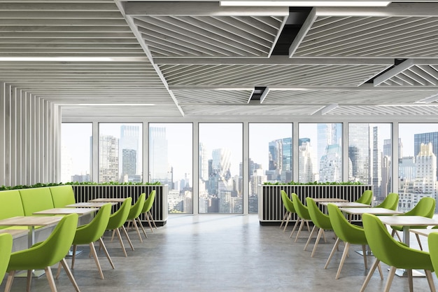 Vista frontal de un café moderno o un interior de cafetería con paredes de madera, ventanas panorámicas y sillones verdes cerca de mesas cuadradas de madera. maqueta de renderizado 3d