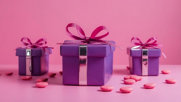 Una vista frontal de cajas de regalos púrpuras junto con dulces rosados en un escritorio rosado