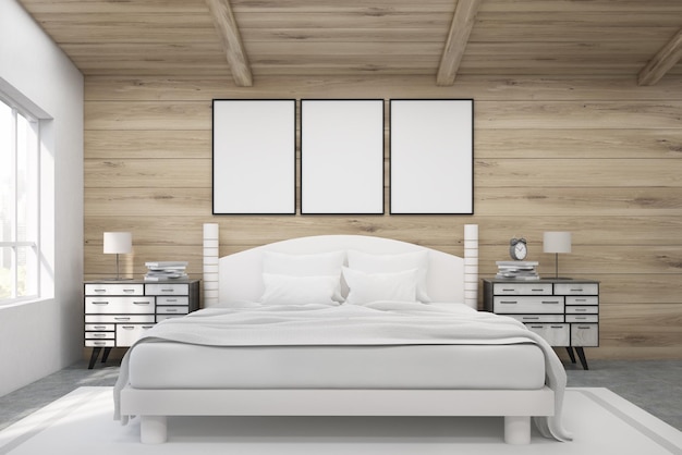 Vista frontal de una cama doble en una habitación con paredes y techo de madera. Hay dos mesitas de noche y dos ventanas grandes. Tres carteles enmarcados están encima de la cama. representación 3d Bosquejo.