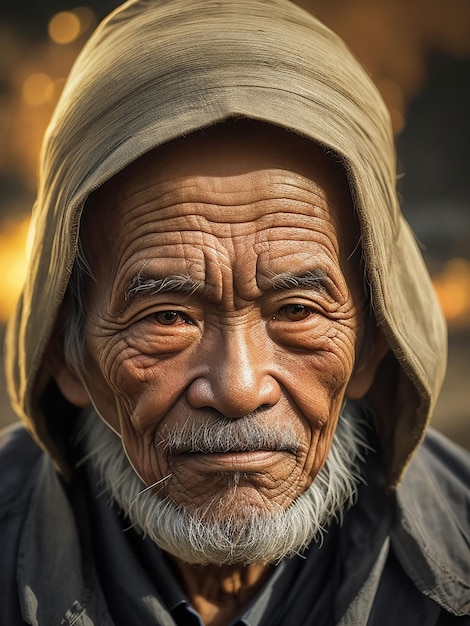 Vista frontal de la cara erosionada de un anciano vietnamita con rasgos étnicos