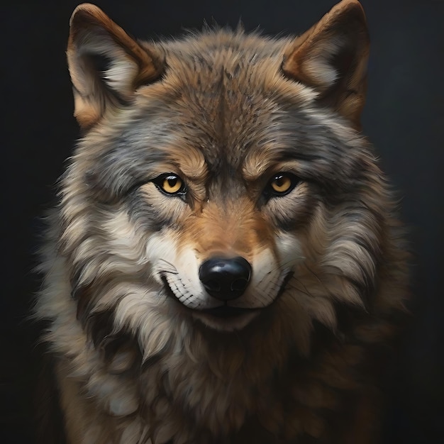 La vista frontal de una cara de lobo de la IA