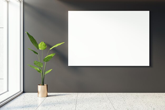 Vista frontal del cartel blanco en blanco en la pared oscura en un interior de pasillo de oficina moderno Maqueta de representación 3D
