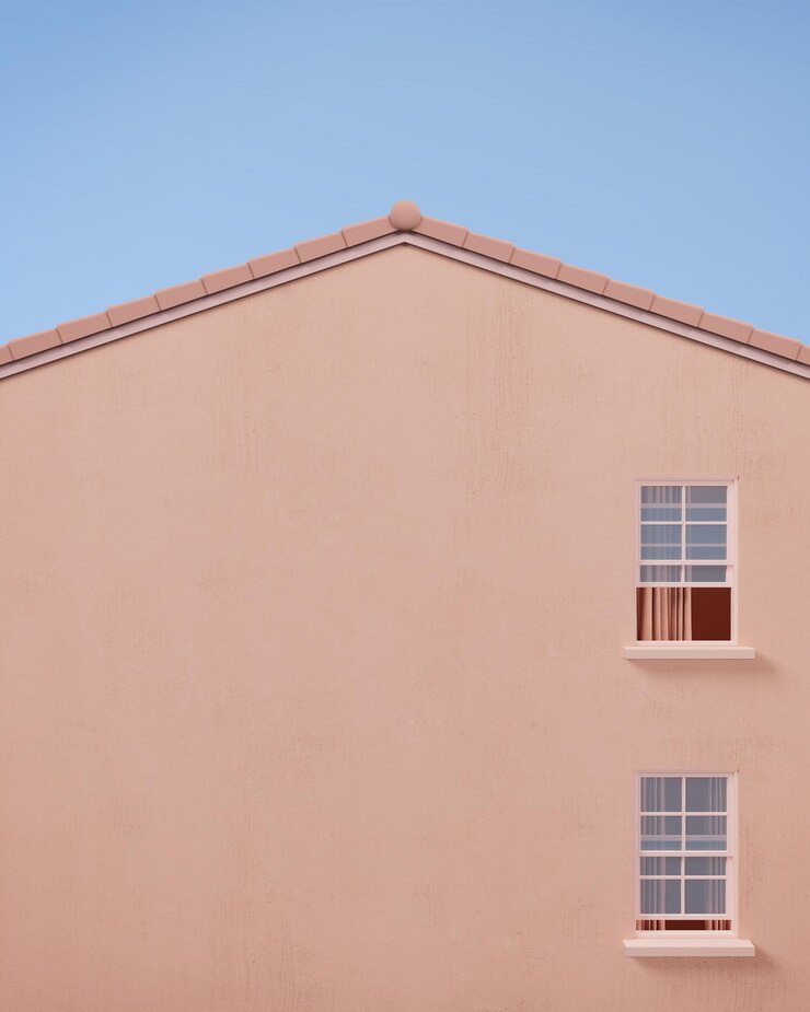 Vista frontal de la casa a dos aguas con pared rosa y cielo azul Concepto mínimo