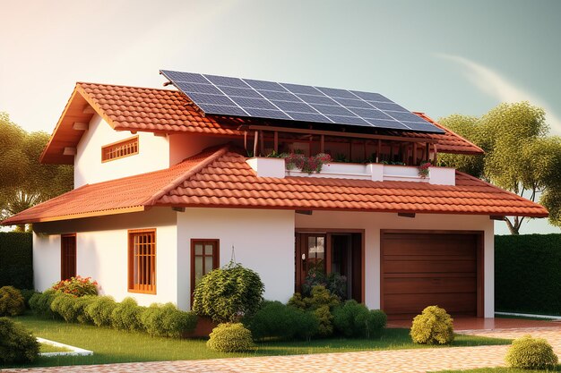 Foto vista frontal de una casa con paneles solares en el techo