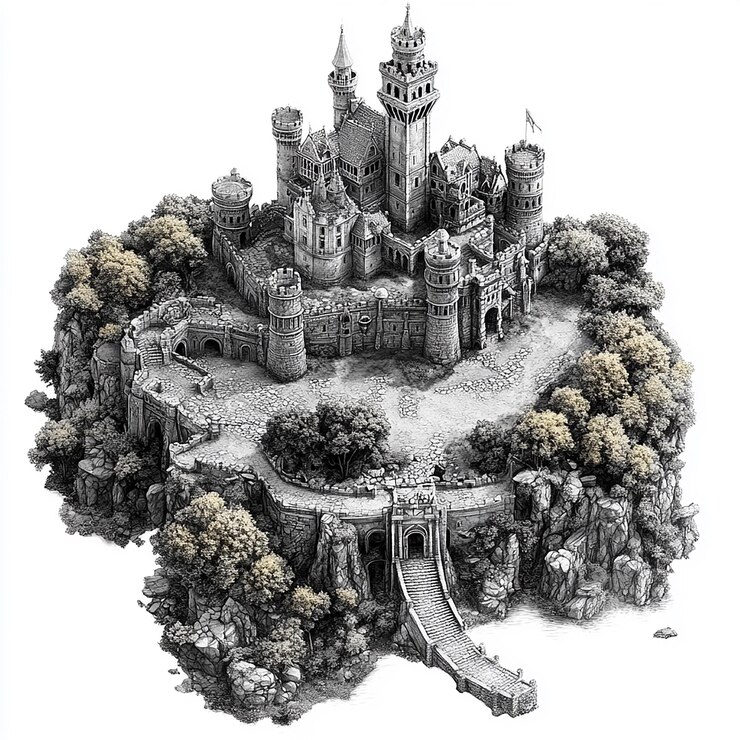 Vista frontal del castillo para un mapa de fantasía en blanco y negro con fondo blanco