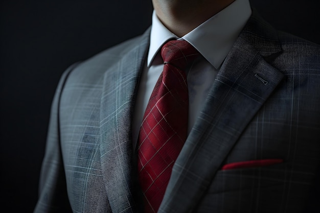 Vista frontal de cerca del torso de un hombre de negocios en un elegante traje de negocios sobre un fondo negro