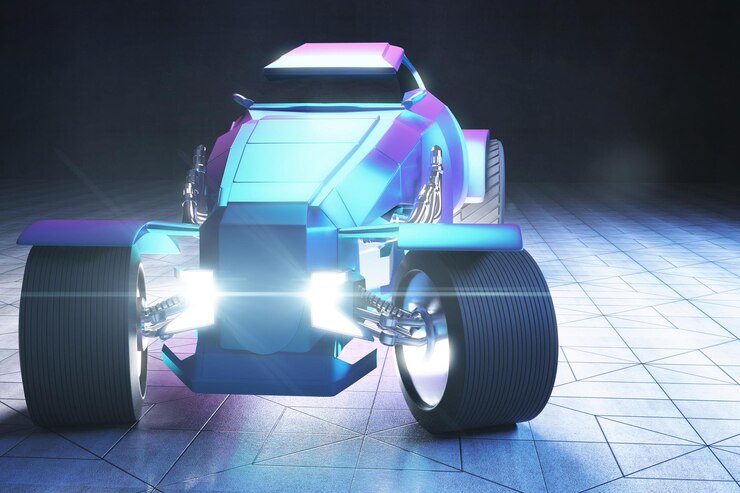 Foto vista frontal del coche hot rod azul y violeta en 3d