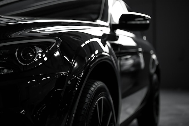 Foto vista frontal de un coche negro moderno en el garaje closeup