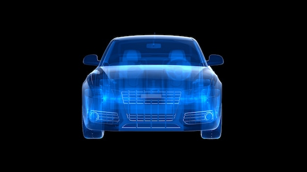 Vista frontal del coche de rayos X azul representación 3D
