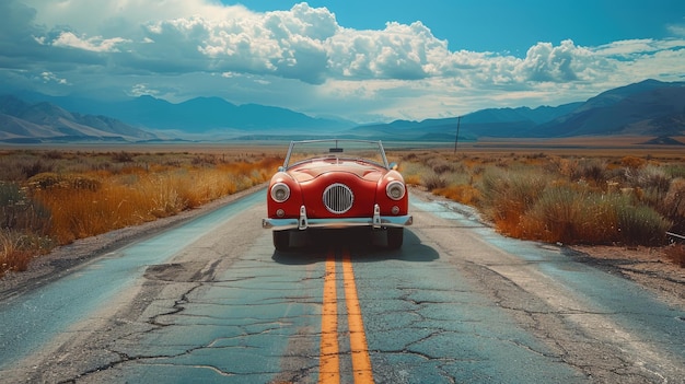 Vista frontal de un coche retro creativo en una carretera desierta