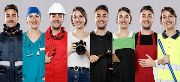 Vista frontal de la colección de hombres y mujeres con diferentes trabajos.