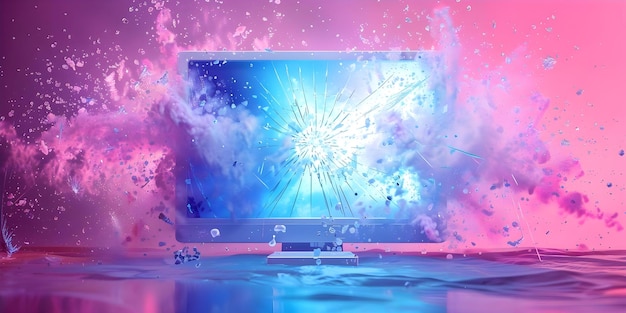 Vista frontal colorida de una computadora rota con pantalla explotante Renderizado 3D Concepto Renderizado en 3D Pantalla explotante de computadora rota Vista frontal coloreada