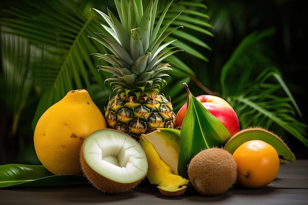 Vista frontal com uma variedade de frutas tropicais frescas folhas de palmeira no fundo de gradiente escuro