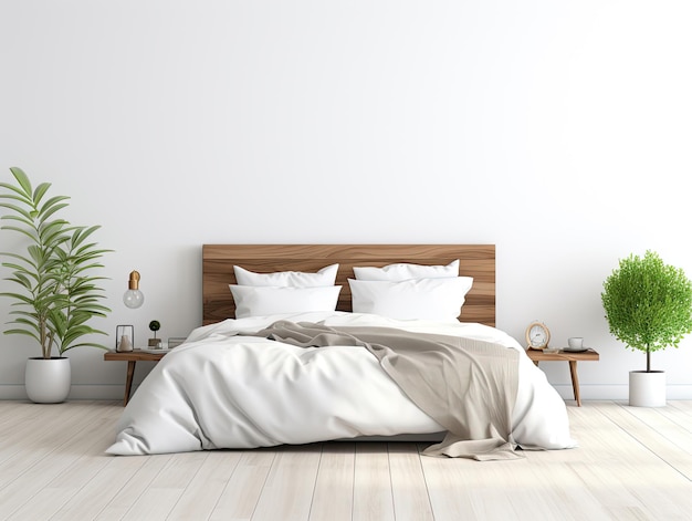 vista frontal da cama feita com cobertor branco na moderna sala de estar interior