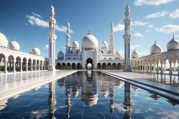 Vista frontal da cúpula com céu brilhante arte e arquitetura islâmica mesquita moderna no dia brilhante