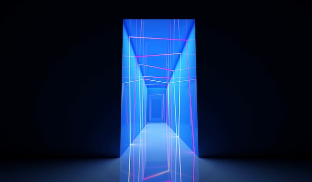 Vista frontal da entrada do túnel de néon em cores iluminadas com luzes azuis