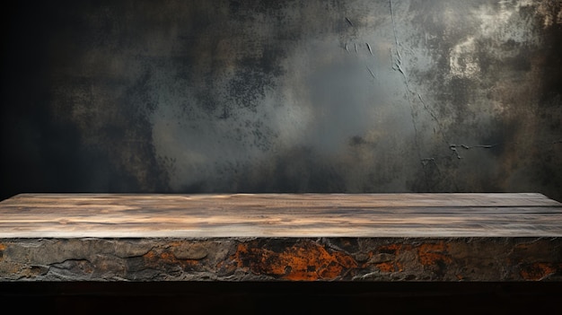Vista frontal da mesa de concreto desgastado, ideal para colocação de produtos em fundo de concreto
