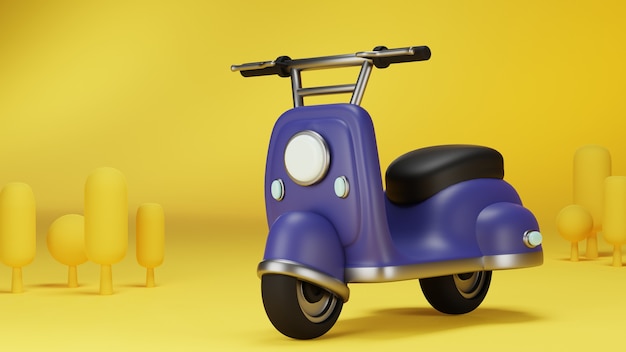 Vista frontal da scooter clássica roxa com ambiente e fundo amarelo em design 3d