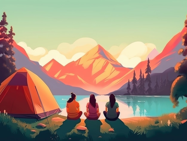 Vista frontal das mulheres acampadas nas montanhas com vista para o lago