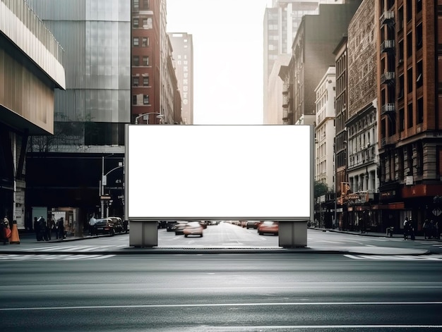 Vista frontal de cartaz branco em branco nas ruas da cidade fundo durante o dia maquete de IA geradora