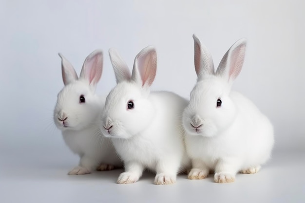 Foto vista frontal de coelhos fofos em fundo branco coelhinhos fofos sentados com ação adorável em branco generative ai