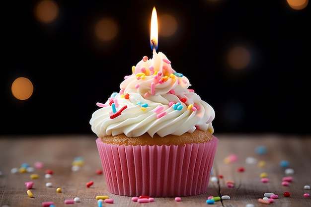 Vista frontal de cupcake de aniversário com espaço de cópia e vela acesa