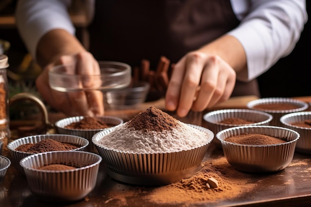 Vista frontal de cupcakes com pessoa peneirando pó de cacau no topo