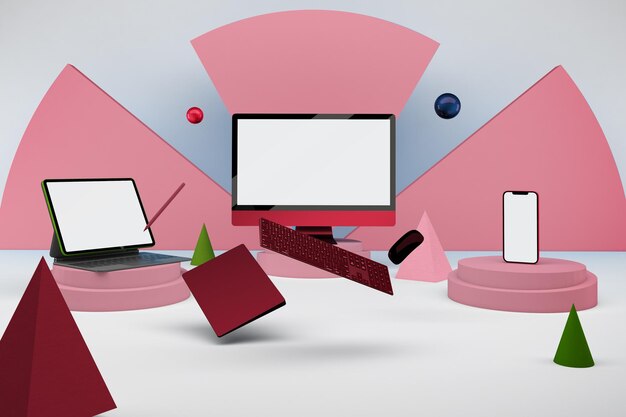 Vista frontal de dispositivos inteligentes em fundo rosa