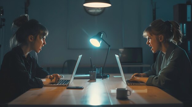 Foto vista frontal de duas empresárias furiosas olhando uma para a outra com ódio trabalhando com laptops ia generativa