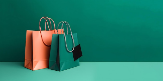 Vista frontal de duas sacolas de compras em fundo verde