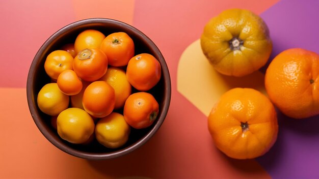 Foto vista frontal de kumquats frescos em uma panela marrom e mandarinas em um forno colorido