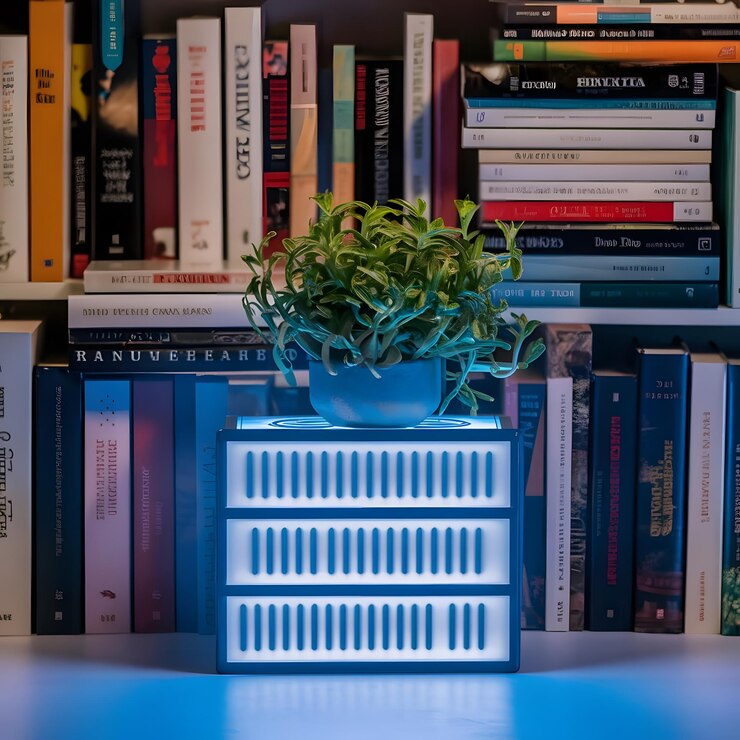 Foto vista frontal de livros empilhados com vaso de plantas e caixa de luz