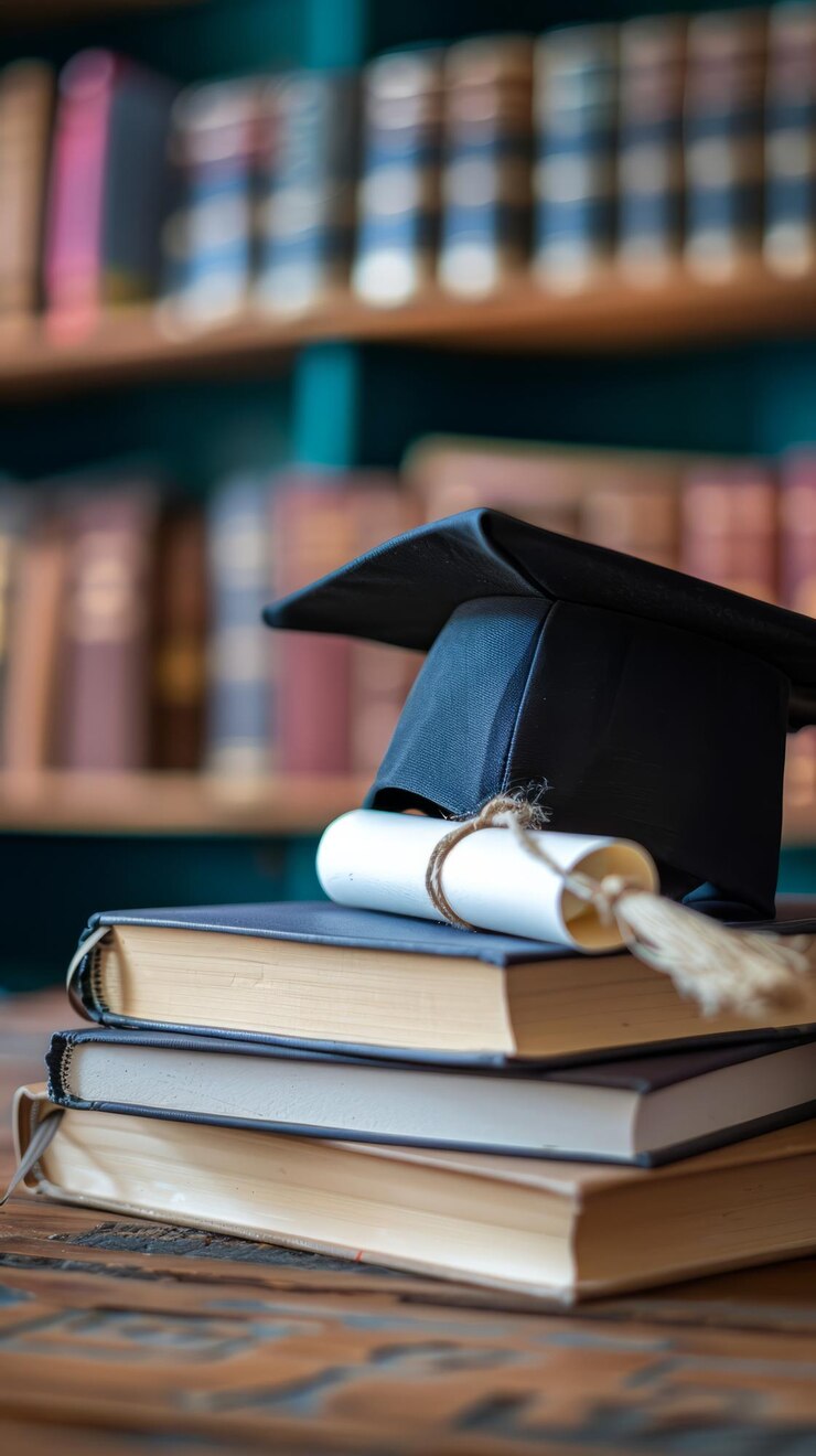 Foto vista frontal de livros empilhados, um boné de formatura e um diploma para o dia da educação