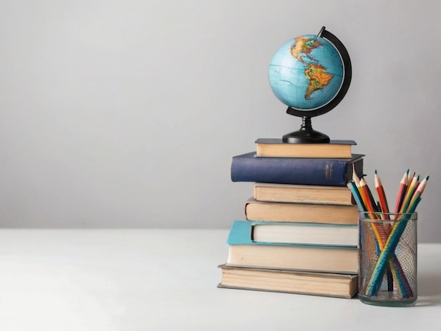Vista frontal de livros empilhados um globo terrestre um livro aberto criado pela IA