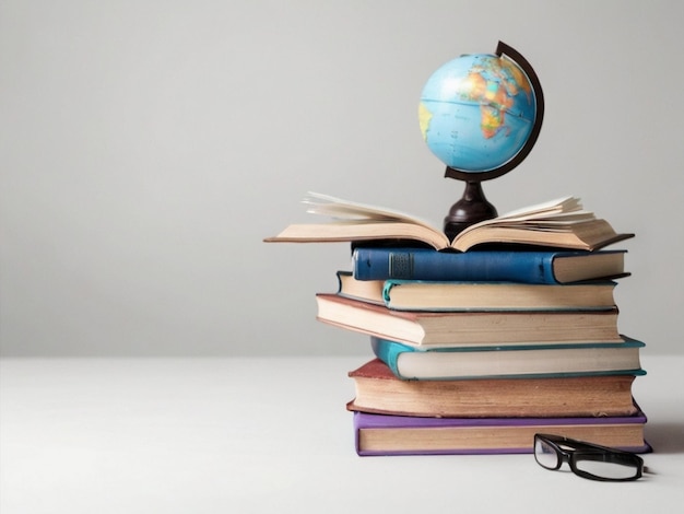 Vista frontal de livros empilhados um globo terrestre um livro aberto criado pela IA