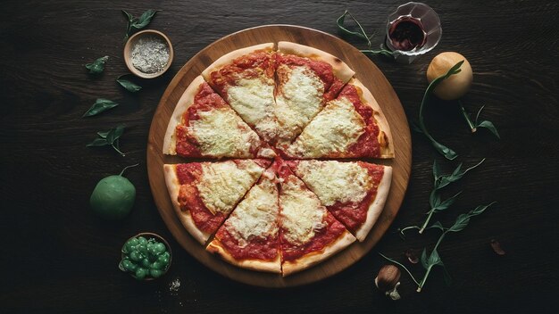 Vista frontal de pizza com queijo na mesa redonda de madeira marrom e superfície escura