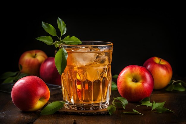 Vista frontal de suco de maçã natural fresco e delicioso em copos com maçã vermelha em fundo preto
