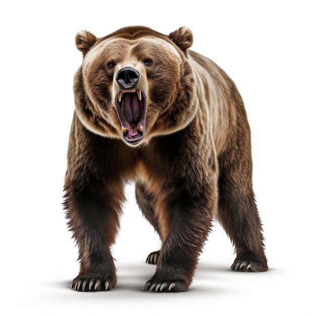 vista frontal de um animal de aspecto feroz, um urso-pardo, em fundo branco