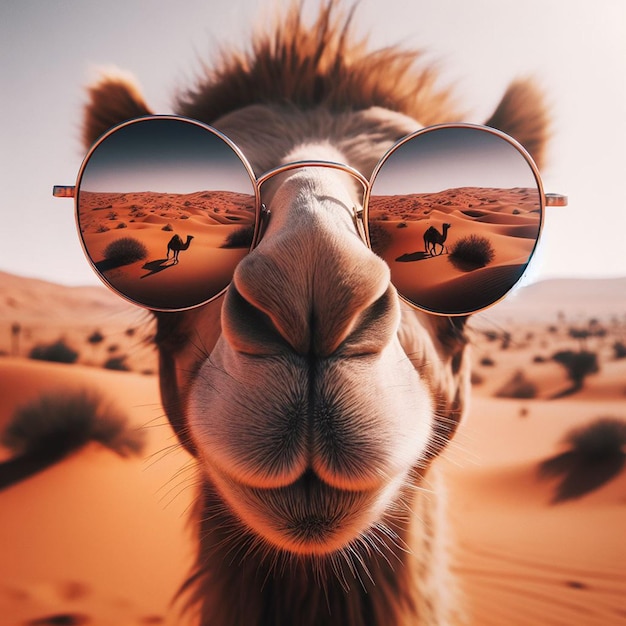 vista frontal de um camelo com óculos escuros
