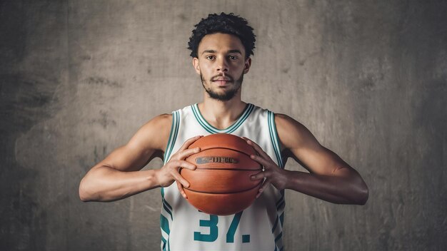 Vista frontal de um jogador de basquete segurando a bola com espaço de cópia