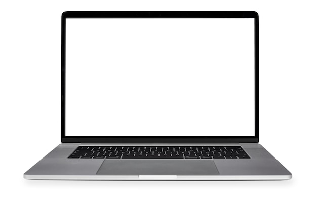 Vista frontal de um laptop moderno com tela branca e isolado em um espaço de cópia de fundo branco