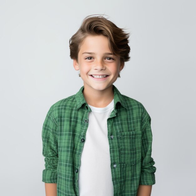 Vista frontal de um menino branco de um ano de idade vestido com uma camisa a quadros verde e calças jeans escuras