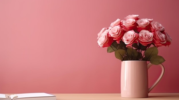 Vista frontal de um modelo de livro vermelho em uma mesa de escritório com um fundo de parede rosa com um vaso de flores rosas e espaço de cópia