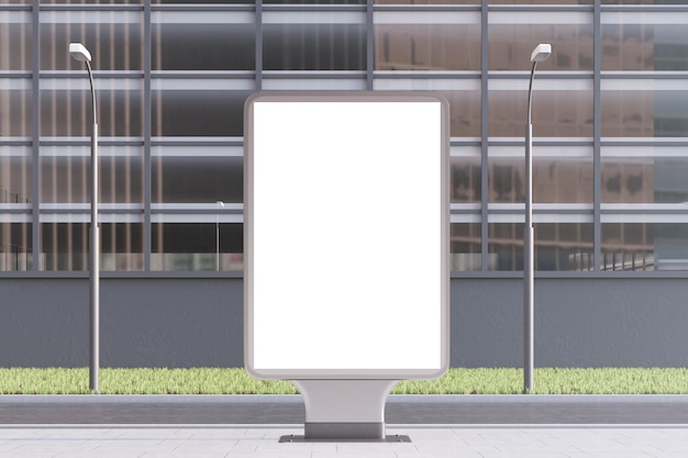 Vista frontal de um outdoor vazio brilhante em pé em uma rua perto de um prédio de escritórios. Centro. renderização 3d, maquete
